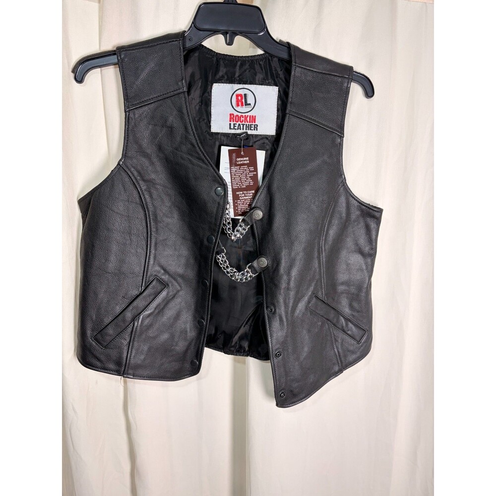 Rockin Leather Biker Vest - NWT Genuine Heavy Leather with Chains Size XL Grunge